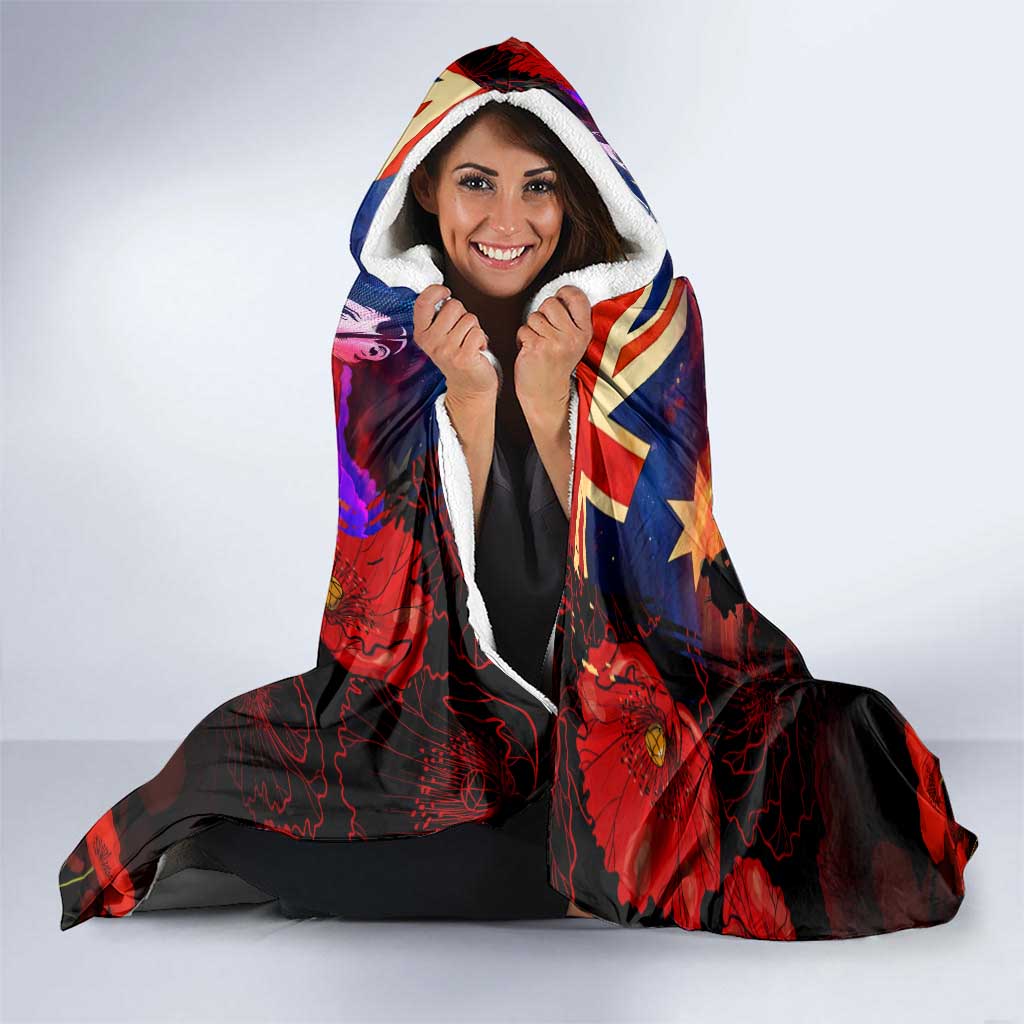 Australia ANZAC Day Hooded Blanket Let We Forget - Tribute Art with Soldiers and Poppies
