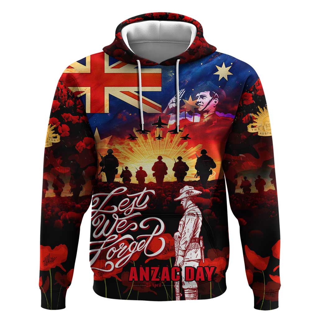 Australia ANZAC Day Hoodie Let We Forget - Tribute Art with Soldiers and Poppies