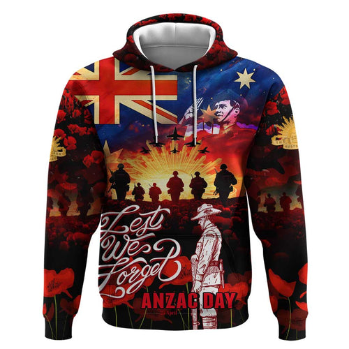 Australia ANZAC Day Hoodie Let We Forget - Tribute Art with Soldiers and Poppies