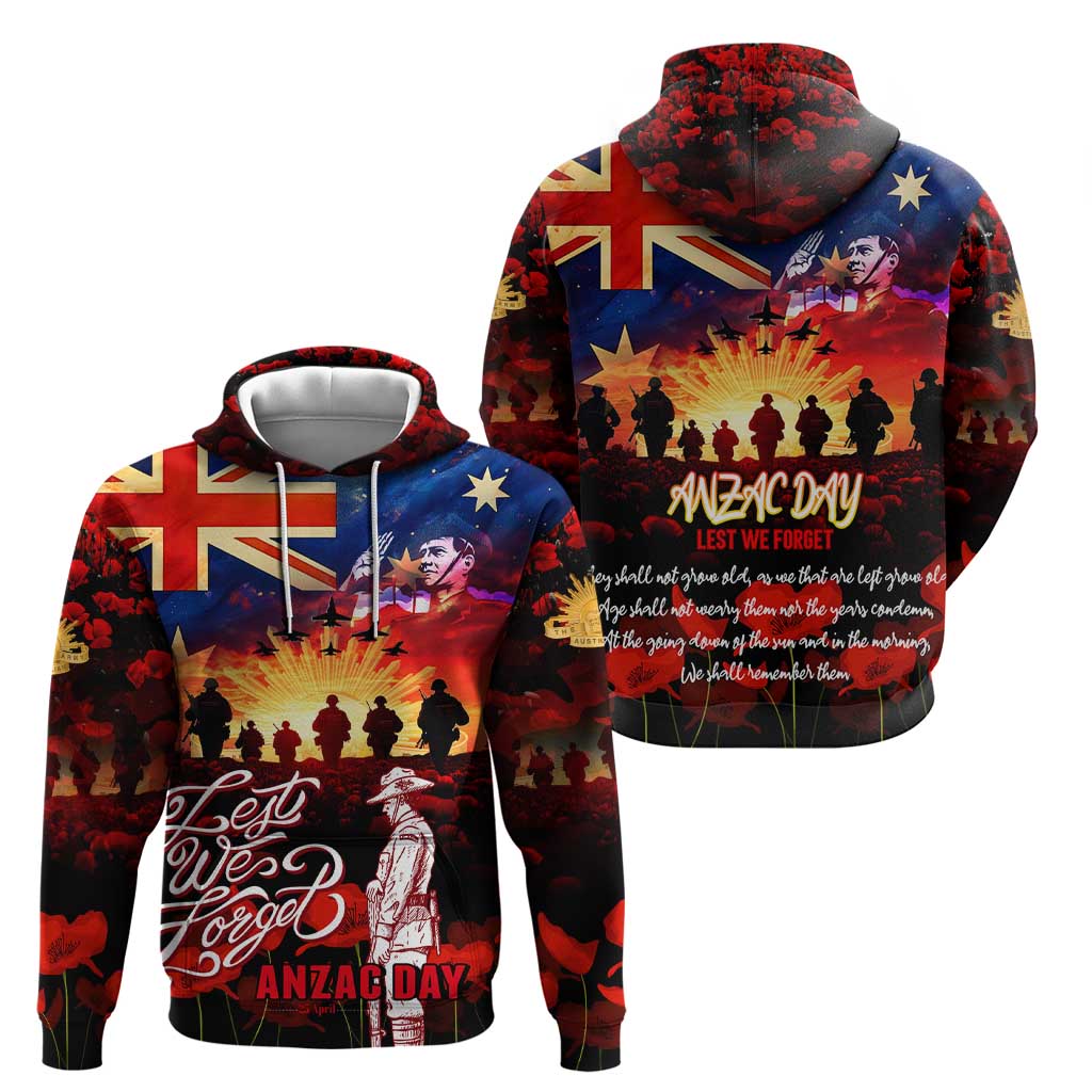 Australia ANZAC Day Hoodie Let We Forget - Tribute Art with Soldiers and Poppies