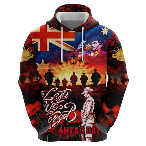 Australia ANZAC Day Hoodie Let We Forget - Tribute Art with Soldiers and Poppies
