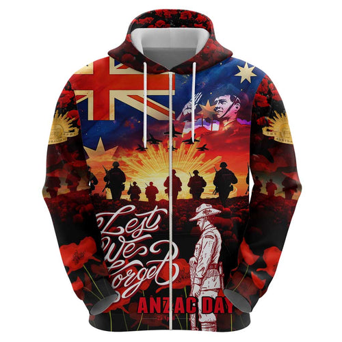 Australia ANZAC Day Hoodie Let We Forget - Tribute Art with Soldiers and Poppies