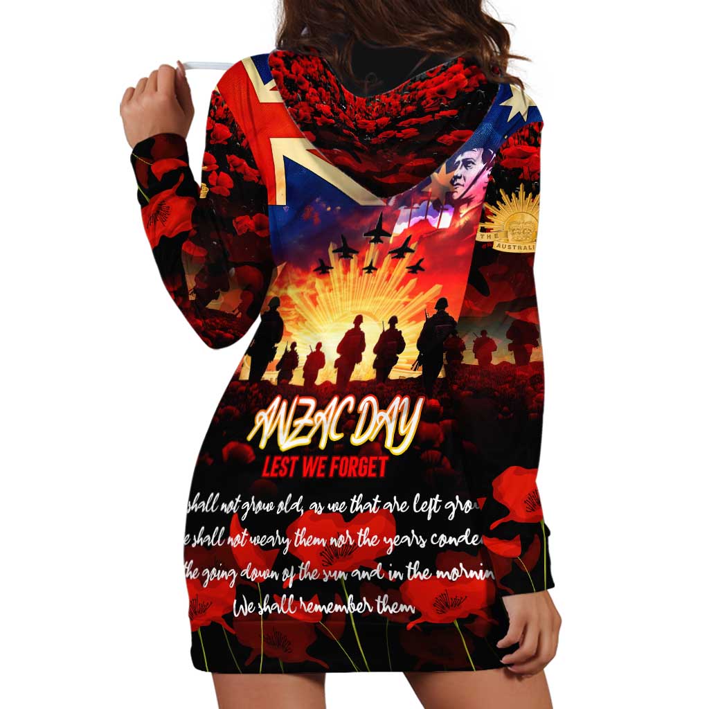 Australia ANZAC Day Hoodie Dress Let We Forget - Tribute Art with Soldiers and Poppies