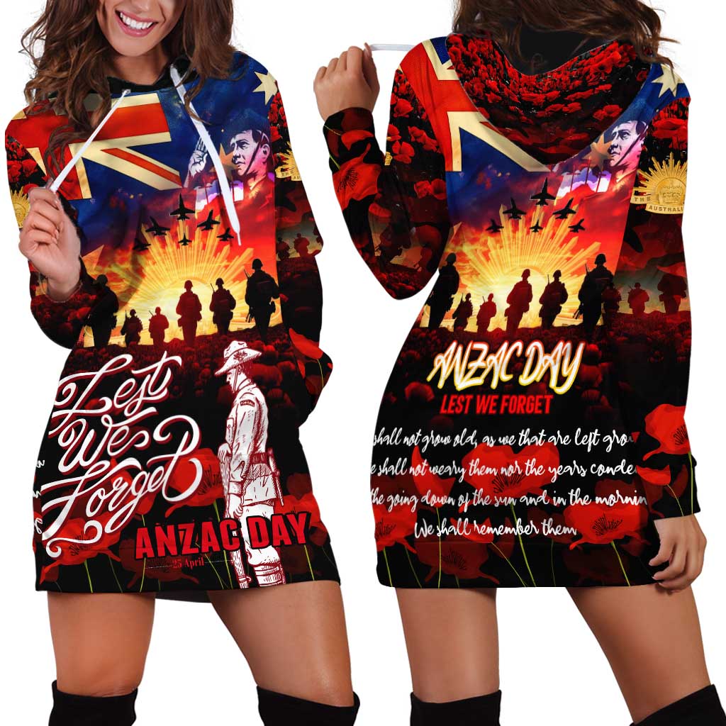 Australia ANZAC Day Hoodie Dress Let We Forget - Tribute Art with Soldiers and Poppies