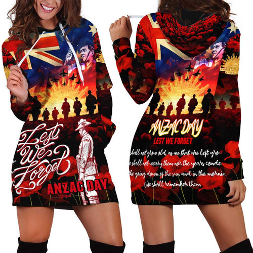 Australia ANZAC Day Hoodie Dress Let We Forget - Tribute Art with Soldiers and Poppies