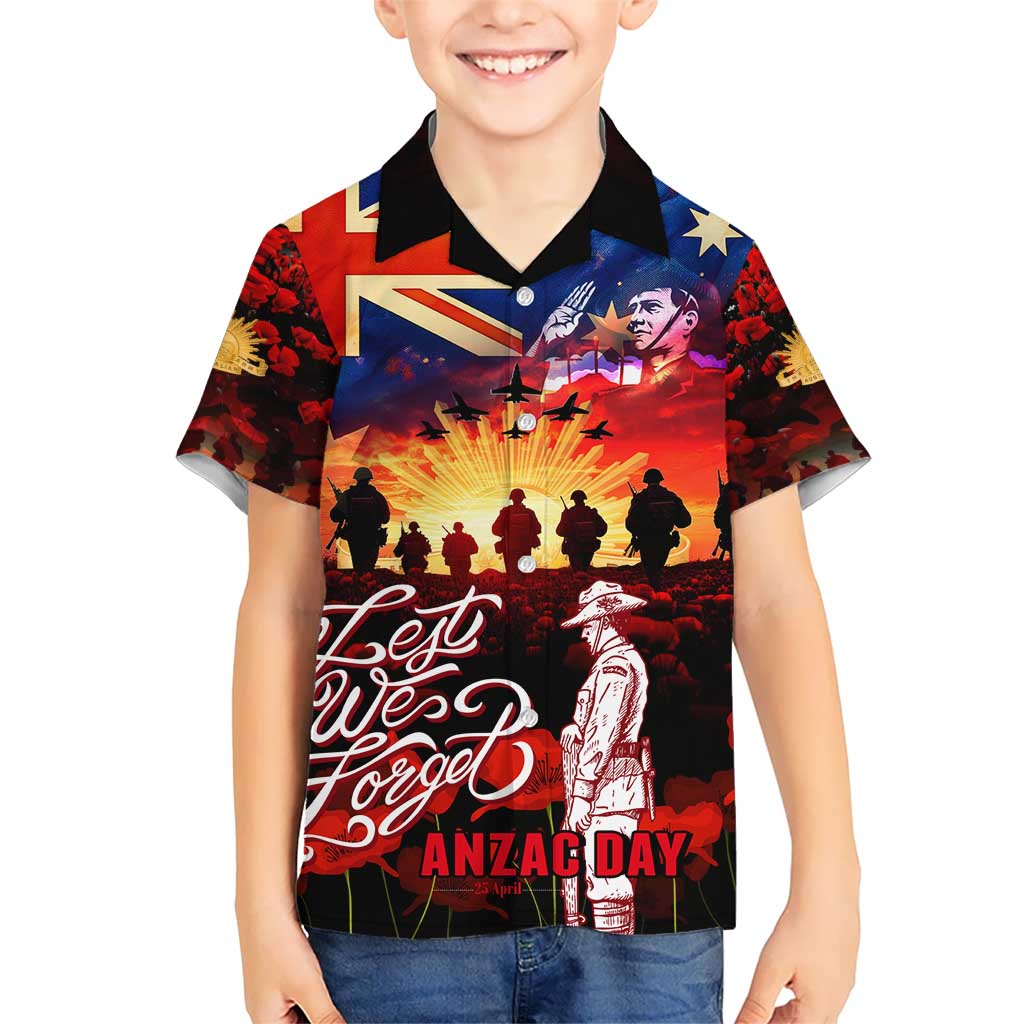Australia ANZAC Day Kid Hawaiian Shirt Let We Forget - Tribute Art with Soldiers and Poppies