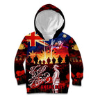 Australia ANZAC Day Kid Hoodie Let We Forget - Tribute Art with Soldiers and Poppies