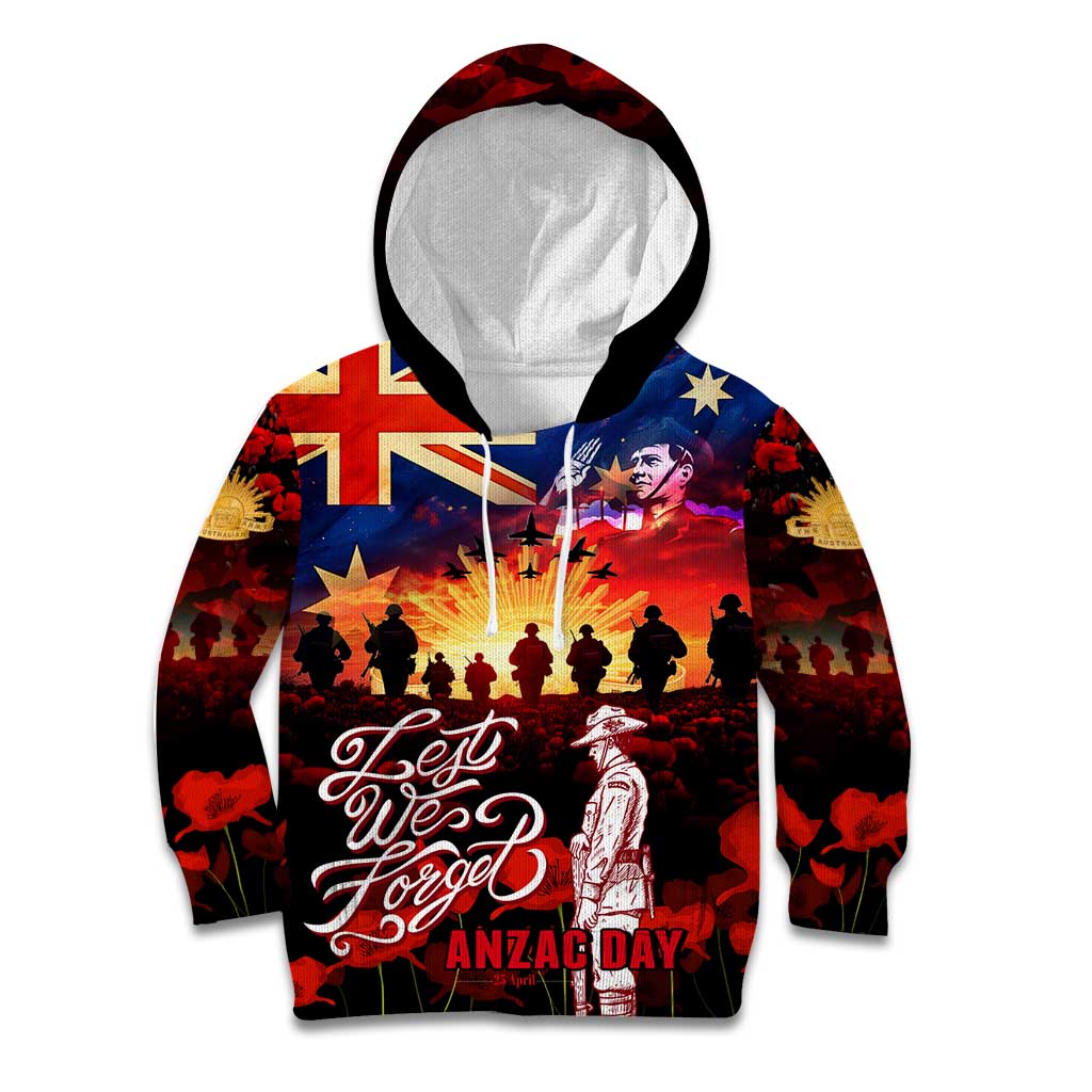 Australia ANZAC Day Kid Hoodie Let We Forget - Tribute Art with Soldiers and Poppies