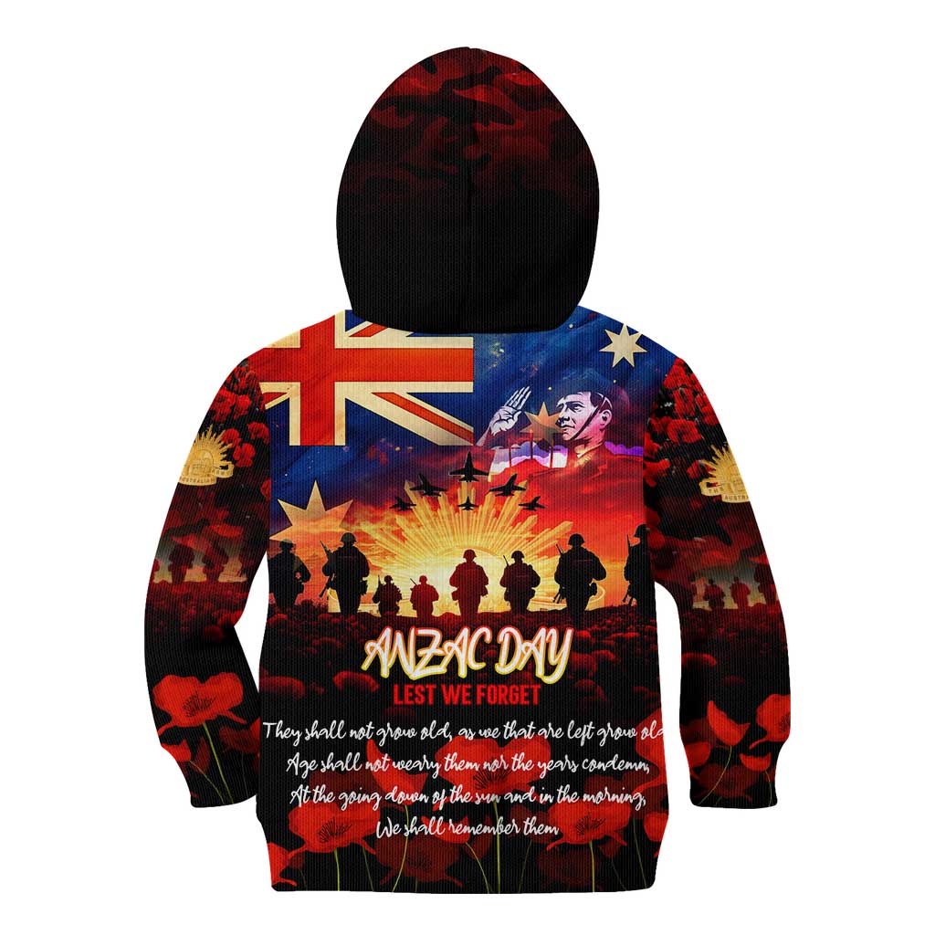 Australia ANZAC Day Kid Hoodie Let We Forget - Tribute Art with Soldiers and Poppies