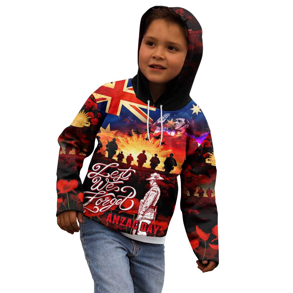 Australia ANZAC Day Kid Hoodie Let We Forget - Tribute Art with Soldiers and Poppies