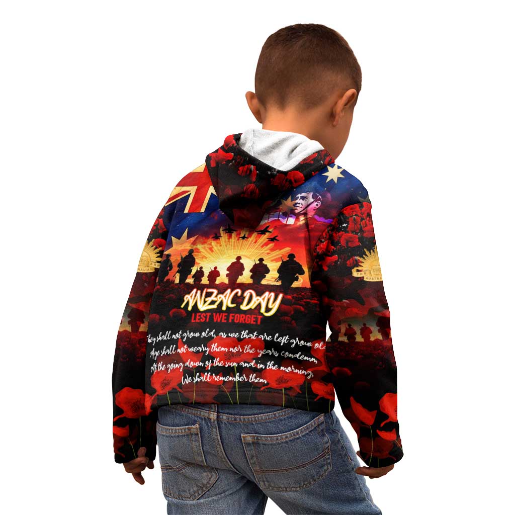 Australia ANZAC Day Kid Hoodie Let We Forget - Tribute Art with Soldiers and Poppies