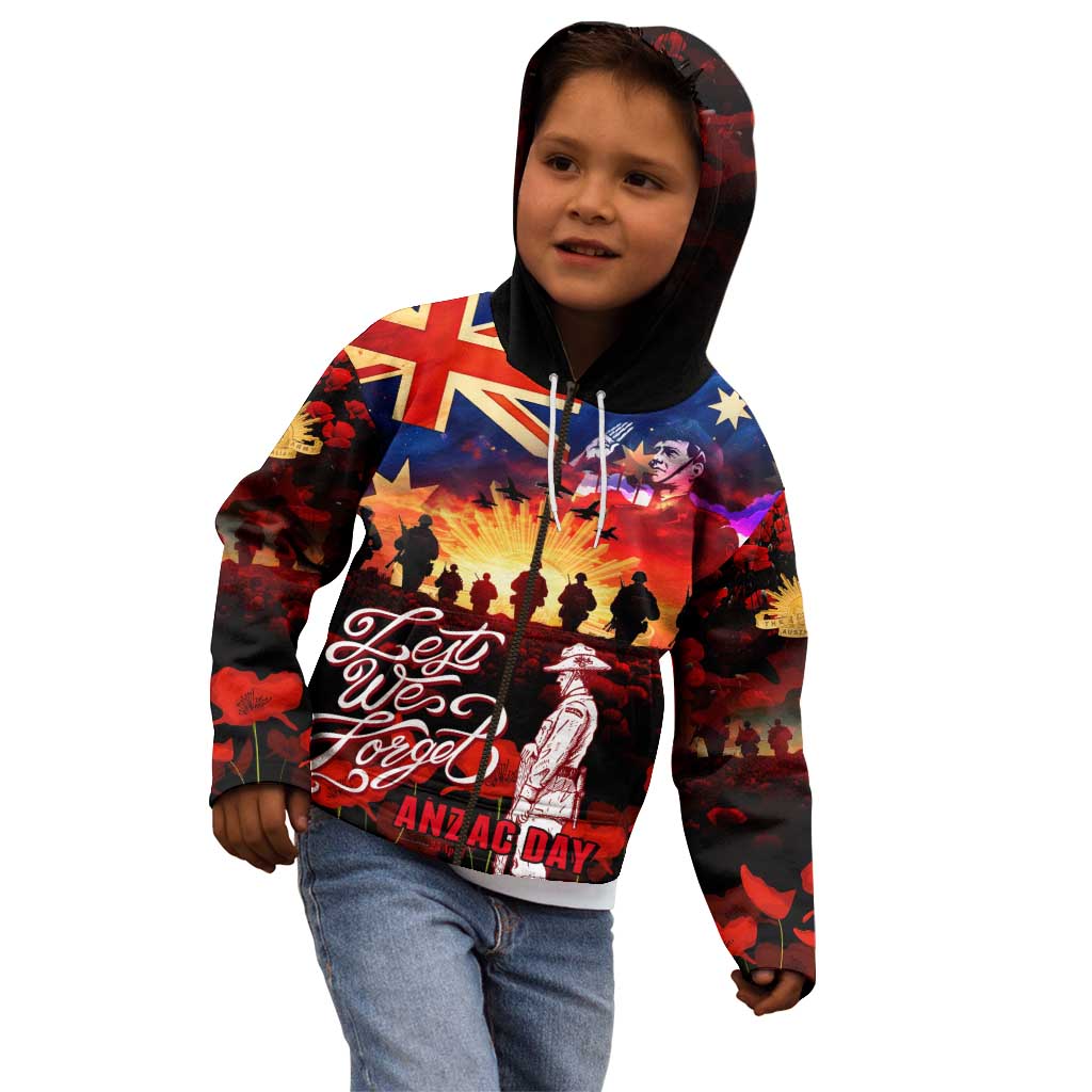 Australia ANZAC Day Kid Hoodie Let We Forget - Tribute Art with Soldiers and Poppies