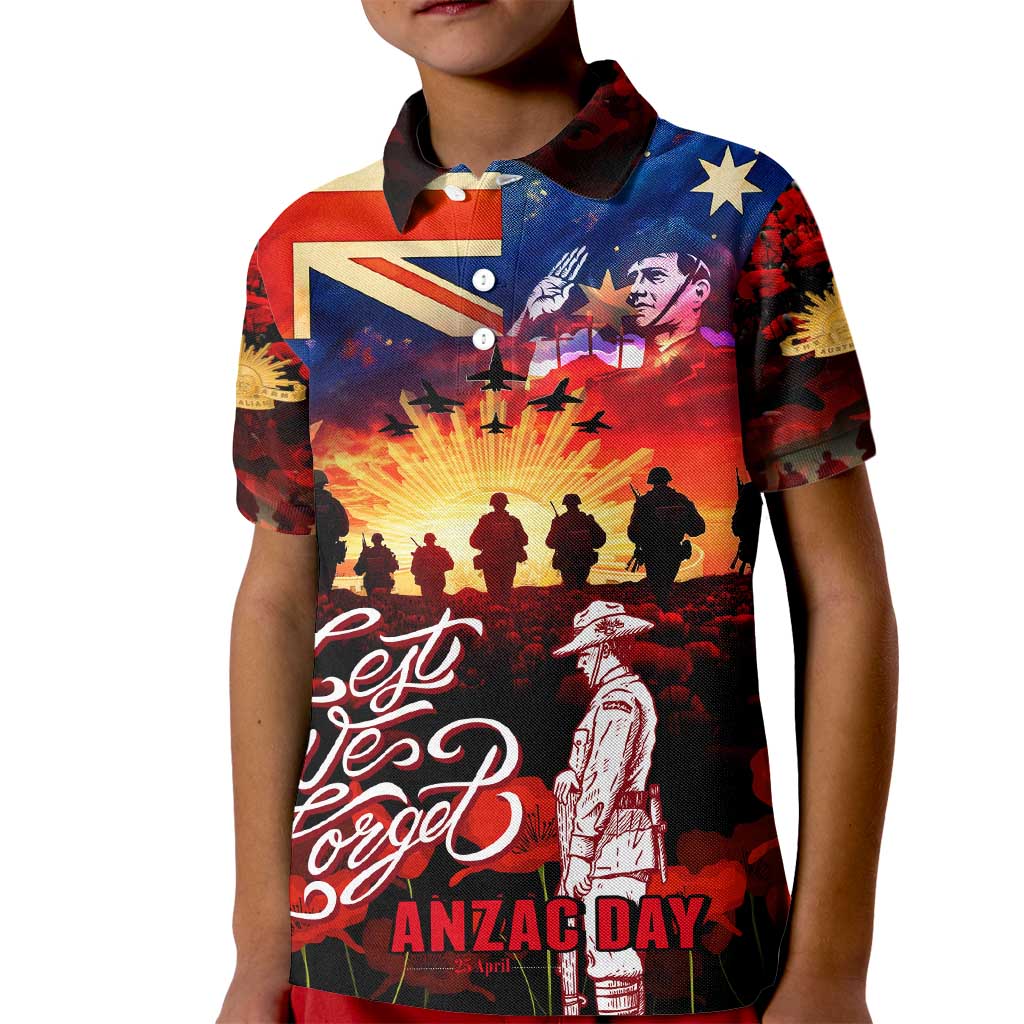 Australia ANZAC Day Kid Polo Shirt Let We Forget - Tribute Art with Soldiers and Poppies