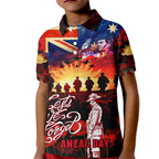 Australia ANZAC Day Kid Polo Shirt Let We Forget - Tribute Art with Soldiers and Poppies