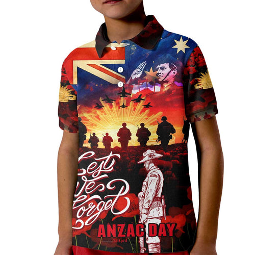 Australia ANZAC Day Kid Polo Shirt Let We Forget - Tribute Art with Soldiers and Poppies