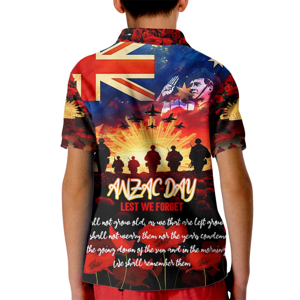 Australia ANZAC Day Kid Polo Shirt Let We Forget - Tribute Art with Soldiers and Poppies
