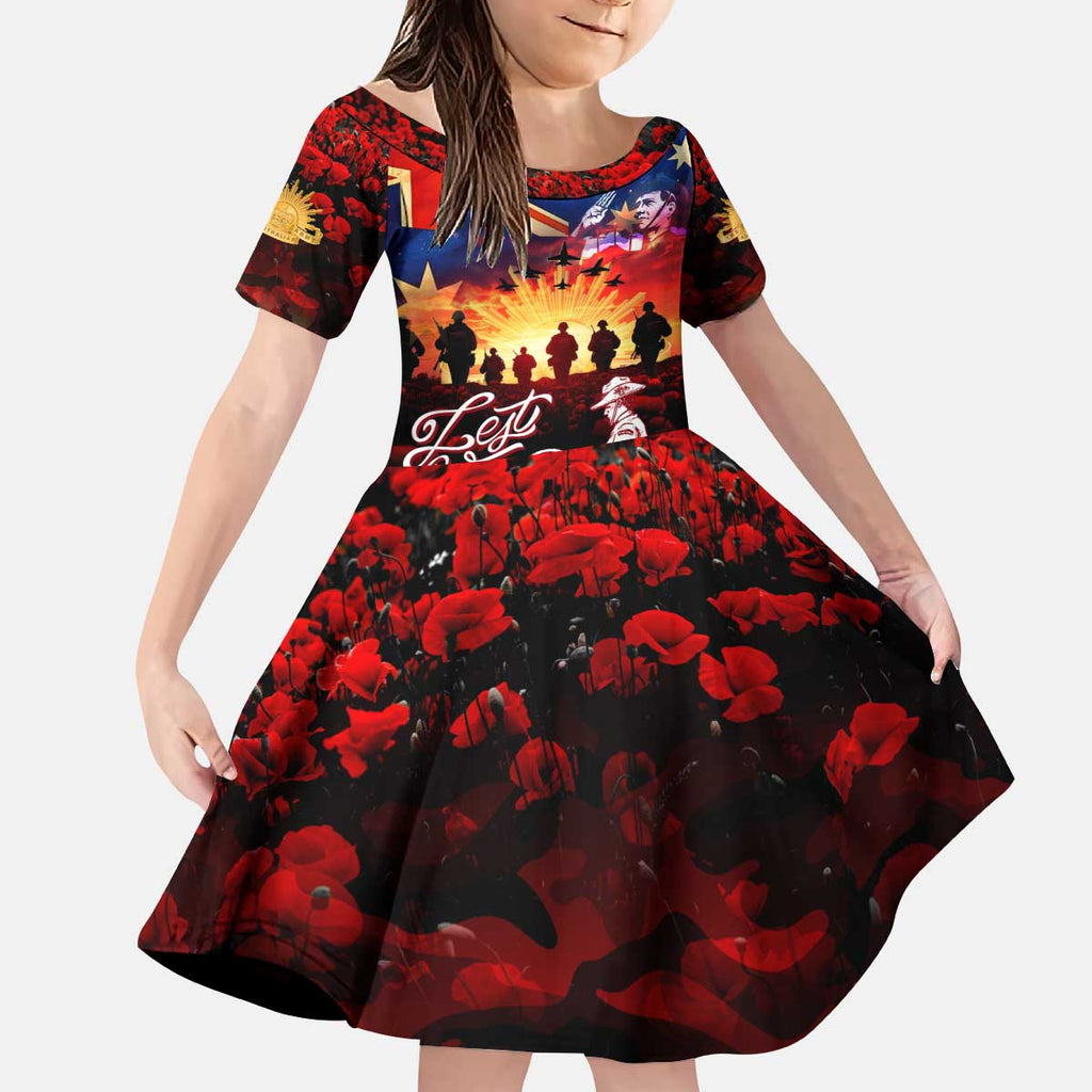 Australia ANZAC Day Kid Short Sleeve Dress Let We Forget - Tribute Art with Soldiers and Poppies
