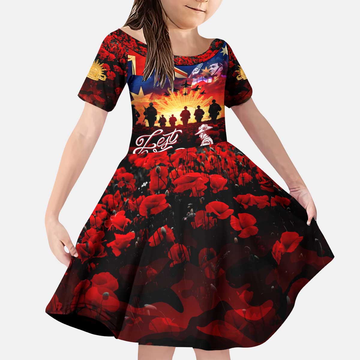 Australia ANZAC Day Kid Short Sleeve Dress Let We Forget - Tribute Art with Soldiers and Poppies