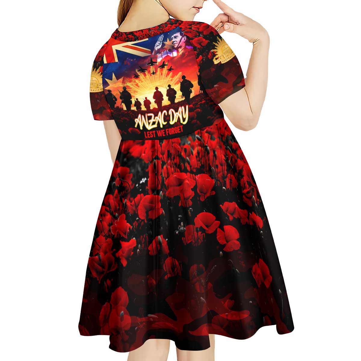 Australia ANZAC Day Kid Short Sleeve Dress Let We Forget - Tribute Art with Soldiers and Poppies