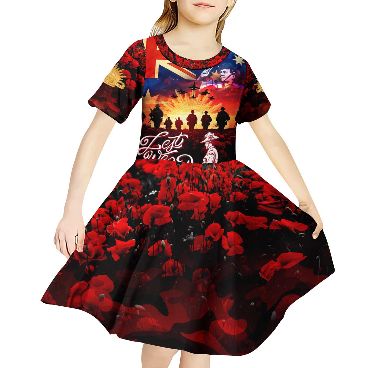 Australia ANZAC Day Kid Short Sleeve Dress Let We Forget - Tribute Art with Soldiers and Poppies