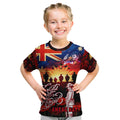 Australia ANZAC Day Kid T Shirt Let We Forget - Tribute Art with Soldiers and Poppies