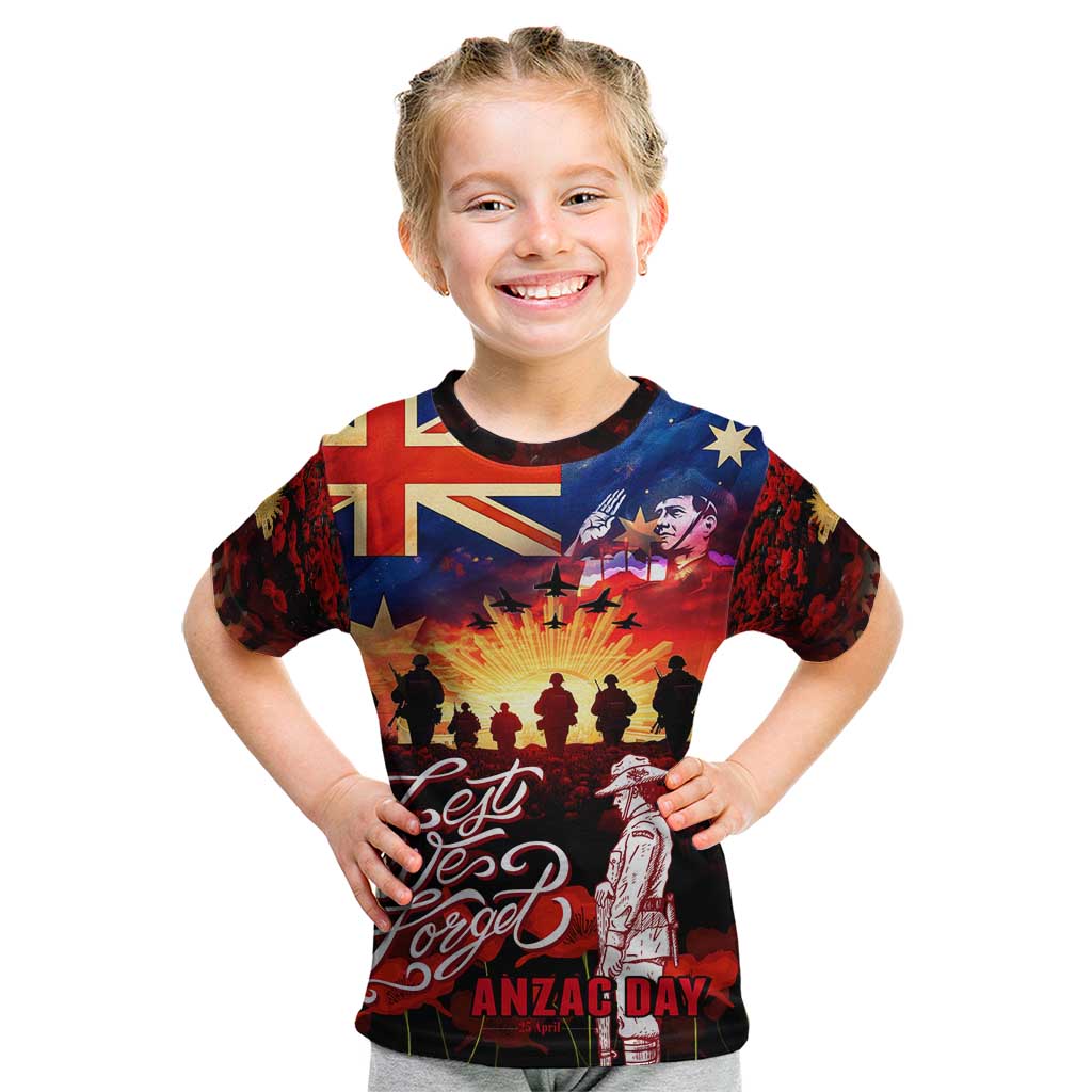 Australia ANZAC Day Kid T Shirt Let We Forget - Tribute Art with Soldiers and Poppies