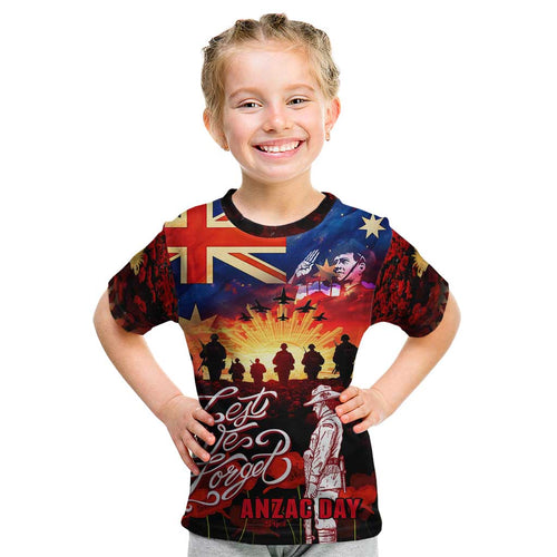 Australia ANZAC Day Kid T Shirt Let We Forget - Tribute Art with Soldiers and Poppies