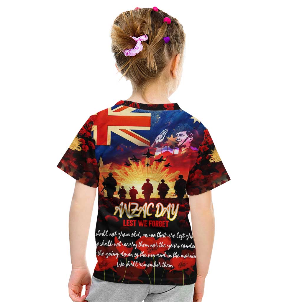 Australia ANZAC Day Kid T Shirt Let We Forget - Tribute Art with Soldiers and Poppies