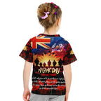 Australia ANZAC Day Kid T Shirt Let We Forget - Tribute Art with Soldiers and Poppies