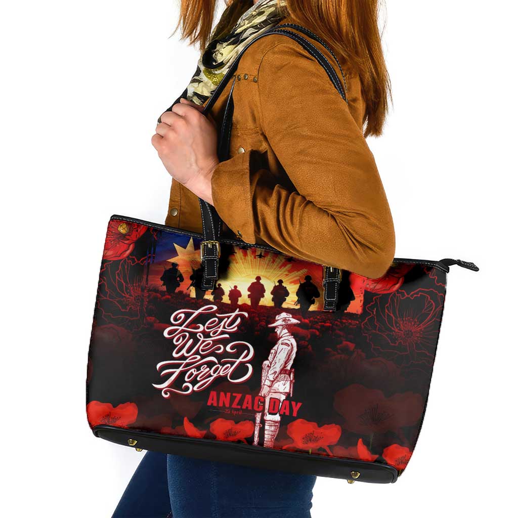 Australia ANZAC Day Leather Tote Bag Let We Forget - Tribute Art with Soldiers and Poppies