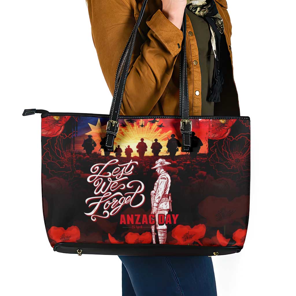 Australia ANZAC Day Leather Tote Bag Let We Forget - Tribute Art with Soldiers and Poppies