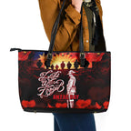 Australia ANZAC Day Leather Tote Bag Let We Forget - Tribute Art with Soldiers and Poppies