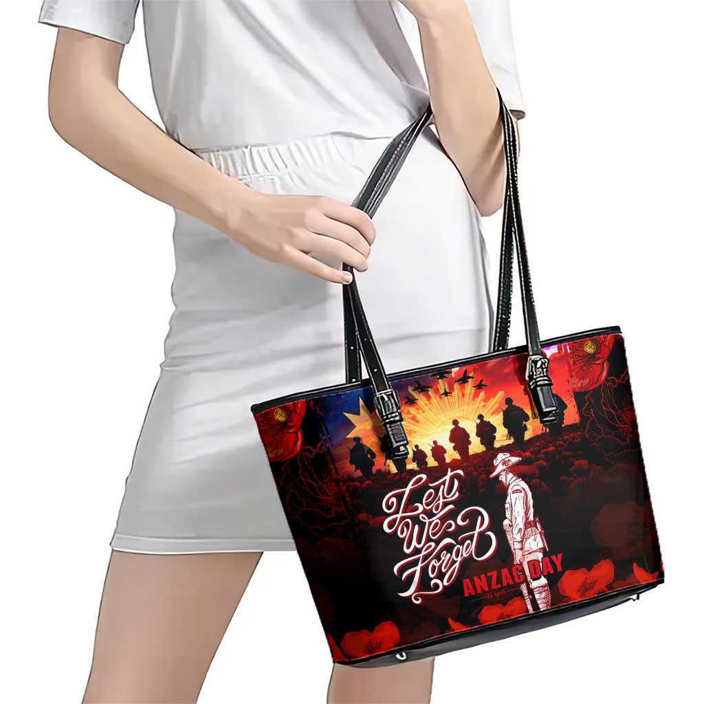 Australia ANZAC Day Leather Tote Bag Let We Forget - Tribute Art with Soldiers and Poppies