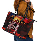 Australia ANZAC Day Leather Tote Bag Let We Forget - Tribute Art with Soldiers and Poppies