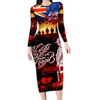 Australia ANZAC Day Long Sleeve Bodycon Dress Let We Forget - Tribute Art with Soldiers and Poppies