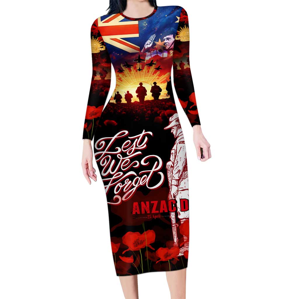 Australia ANZAC Day Long Sleeve Bodycon Dress Let We Forget - Tribute Art with Soldiers and Poppies