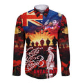 Australia ANZAC Day Long Sleeve Button Shirt Let We Forget - Tribute Art with Soldiers and Poppies