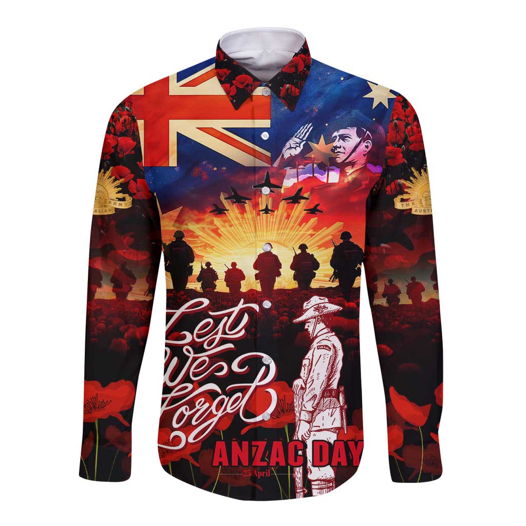 Australia ANZAC Day Long Sleeve Button Shirt Let We Forget - Tribute Art with Soldiers and Poppies