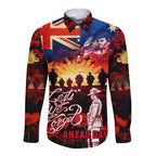 Australia ANZAC Day Long Sleeve Button Shirt Let We Forget - Tribute Art with Soldiers and Poppies