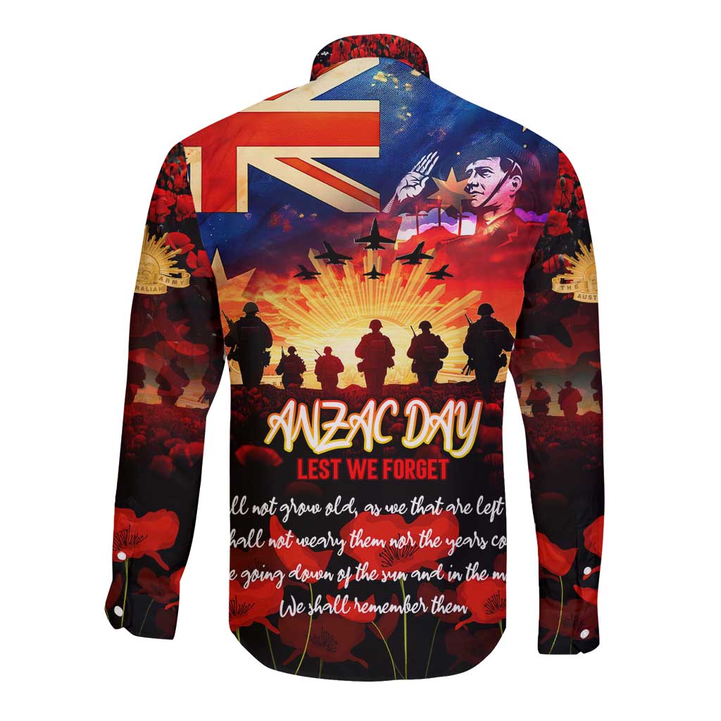 Australia ANZAC Day Long Sleeve Button Shirt Let We Forget - Tribute Art with Soldiers and Poppies
