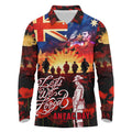 Australia ANZAC Day Long Sleeve Polo Shirt Let We Forget - Tribute Art with Soldiers and Poppies