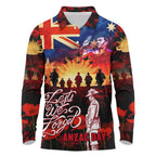 Australia ANZAC Day Long Sleeve Polo Shirt Let We Forget - Tribute Art with Soldiers and Poppies
