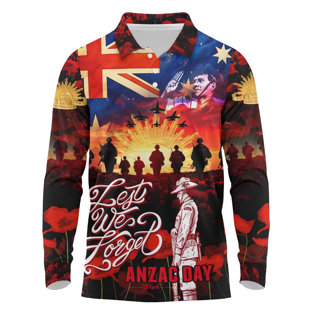 Australia ANZAC Day Long Sleeve Polo Shirt Let We Forget - Tribute Art with Soldiers and Poppies