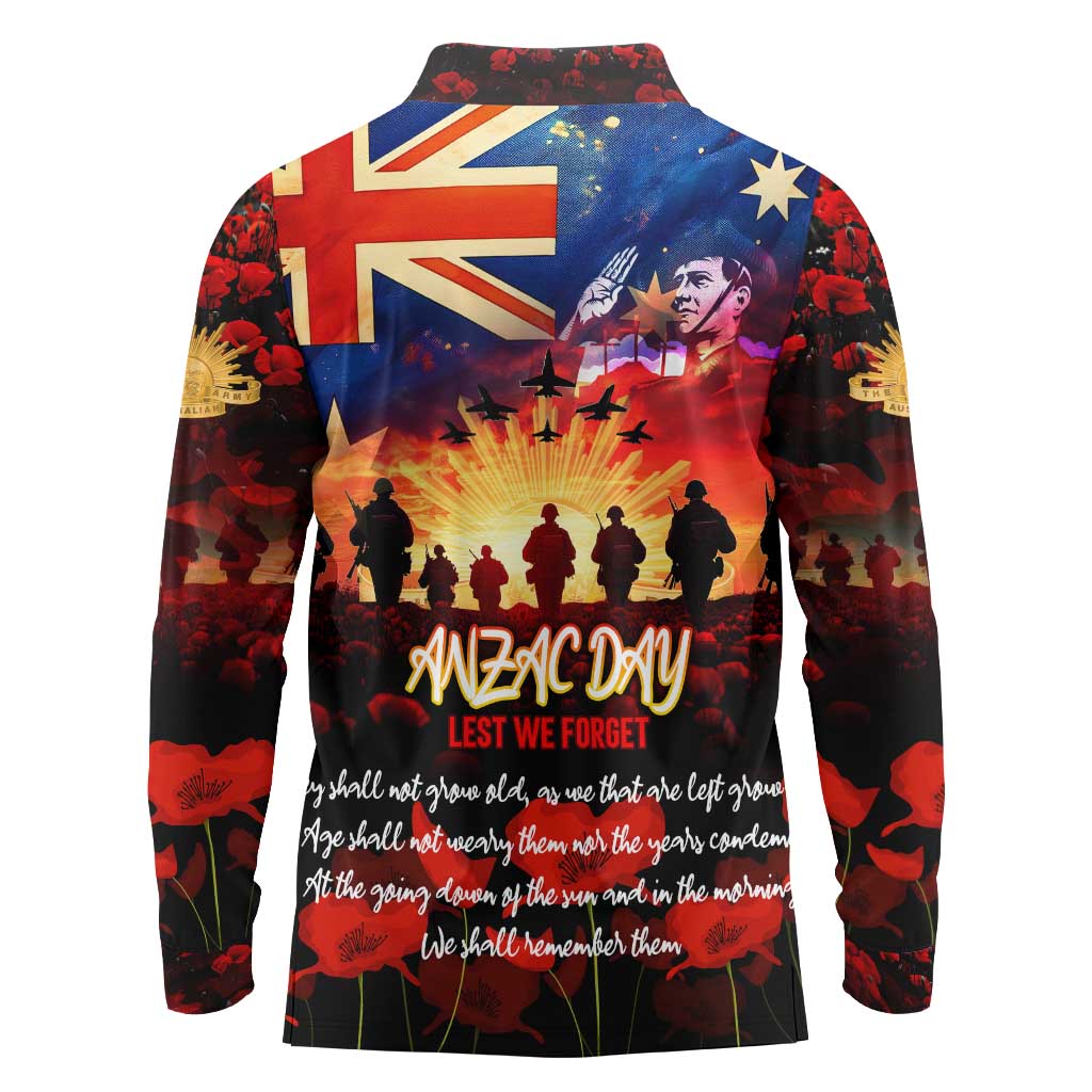 Australia ANZAC Day Long Sleeve Polo Shirt Let We Forget - Tribute Art with Soldiers and Poppies