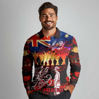 Australia ANZAC Day Long Sleeve Polo Shirt Let We Forget - Tribute Art with Soldiers and Poppies