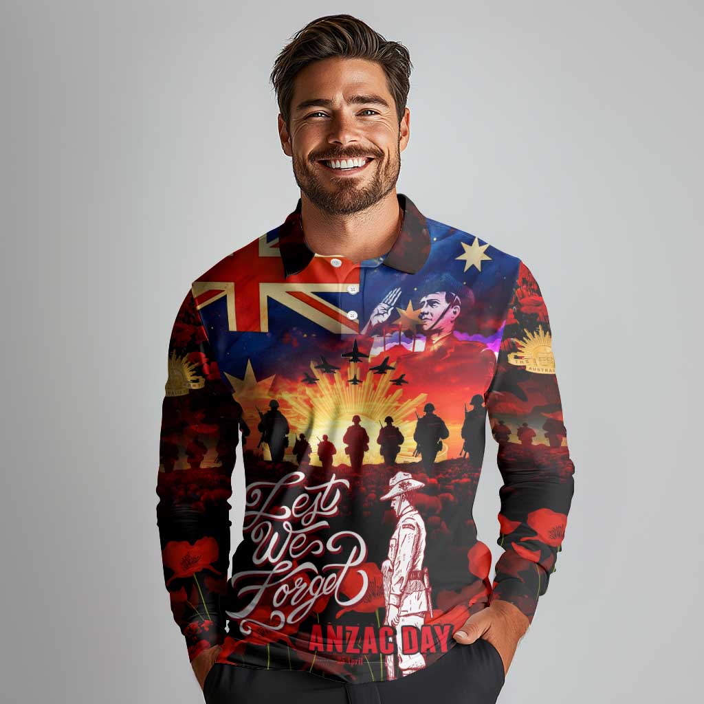 Australia ANZAC Day Long Sleeve Polo Shirt Let We Forget - Tribute Art with Soldiers and Poppies