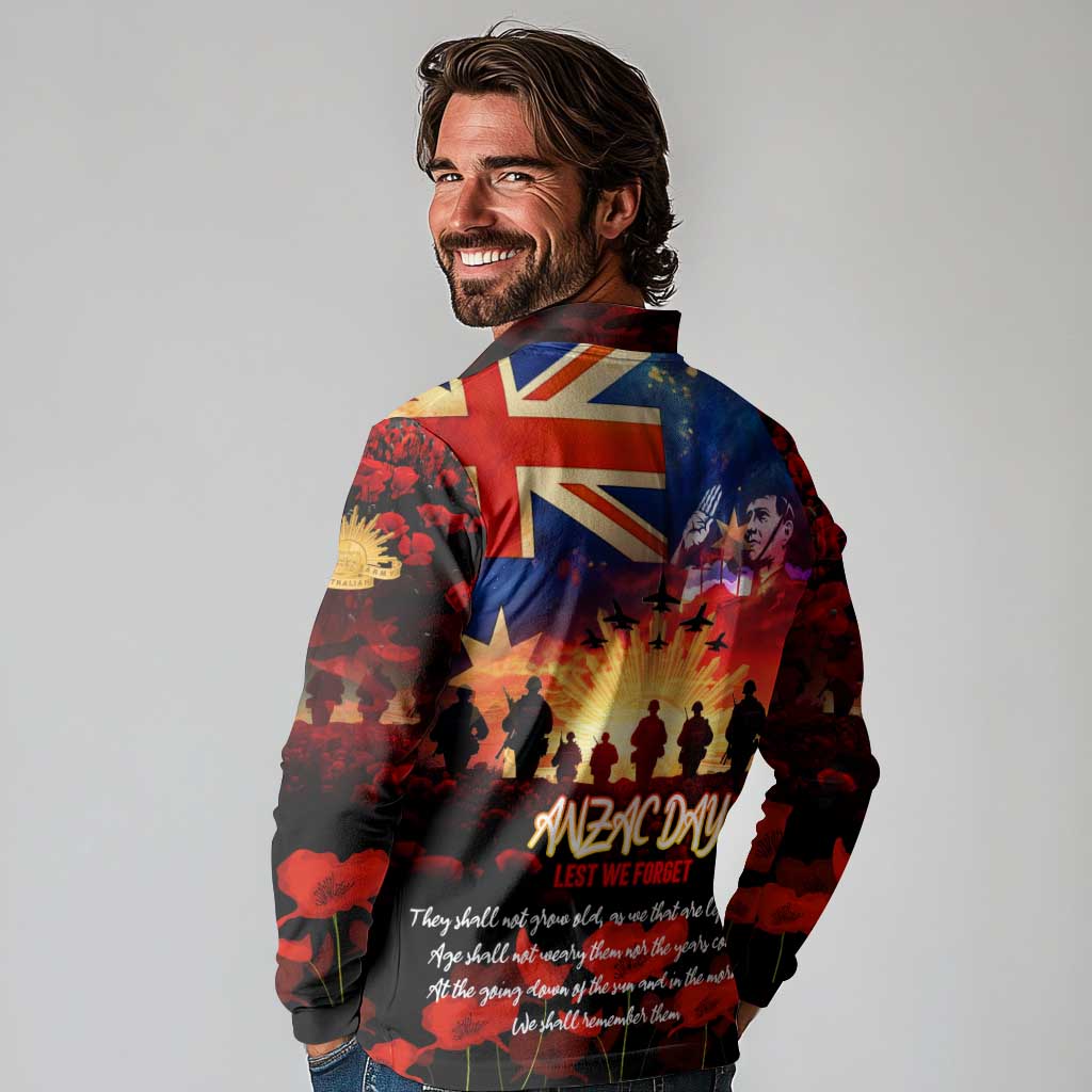 Australia ANZAC Day Long Sleeve Polo Shirt Let We Forget - Tribute Art with Soldiers and Poppies