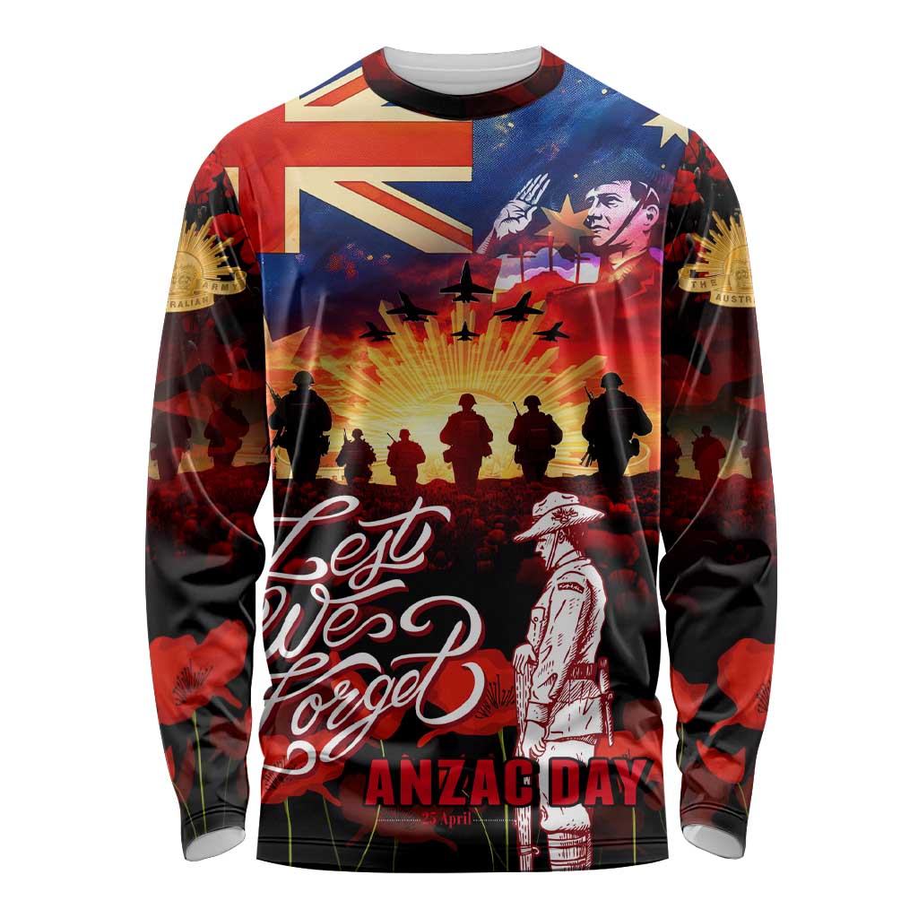 Australia ANZAC Day Long Sleeve Shirt Let We Forget - Tribute Art with Soldiers and Poppies