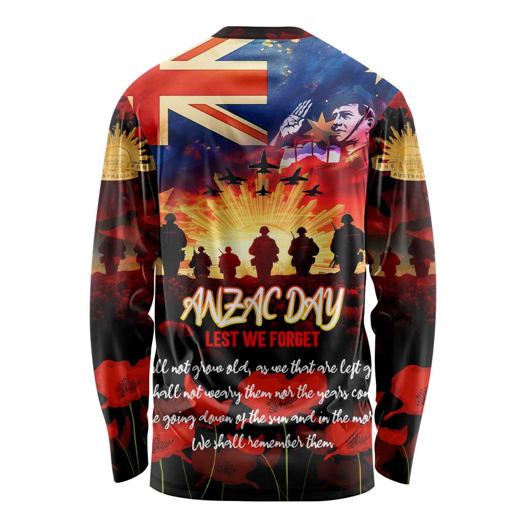 Australia ANZAC Day Long Sleeve Shirt Let We Forget - Tribute Art with Soldiers and Poppies