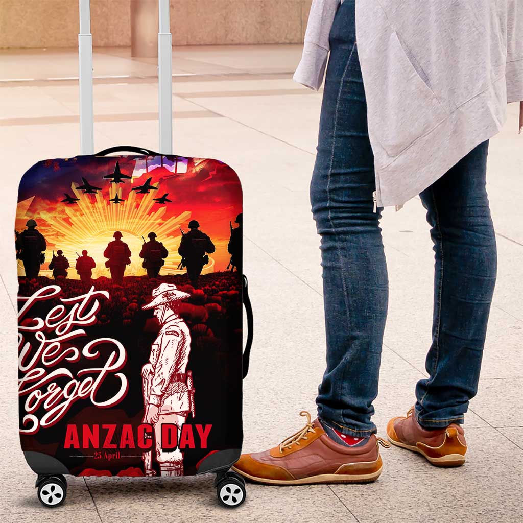 Australia ANZAC Day Luggage Cover Let We Forget - Tribute Art with Soldiers and Poppies